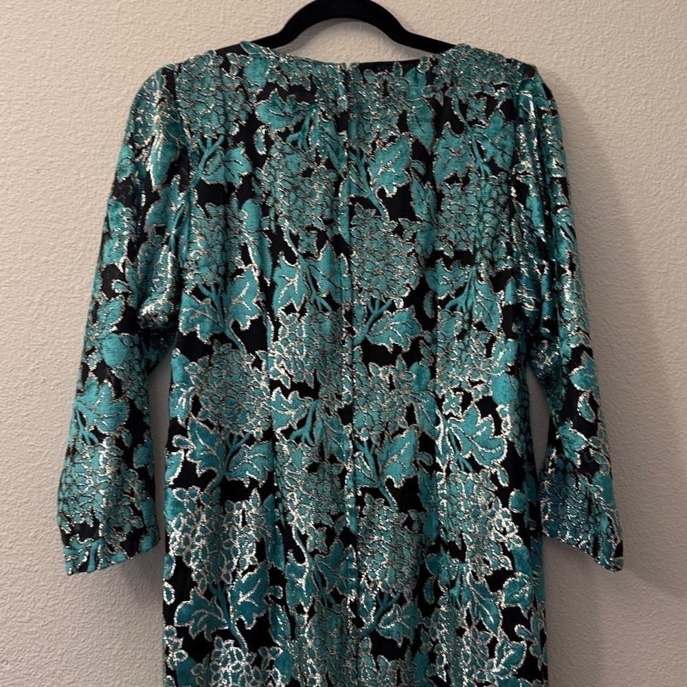 Neiman Marcus green and Black Floral burnout, Long Sleeve metallic Dress - Picture 8 of 10